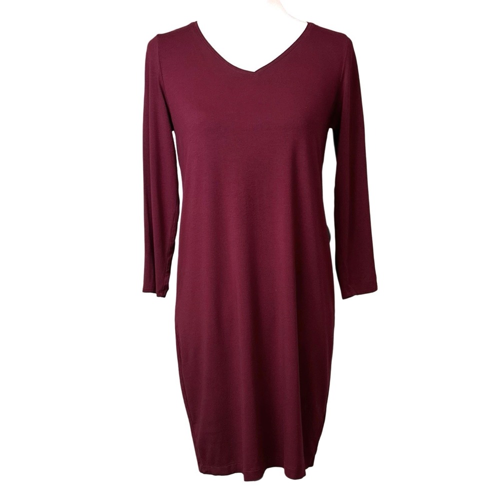 Eileen Fisher V-Neck Long Sleeve Shift Dress Burgundy Women Size L